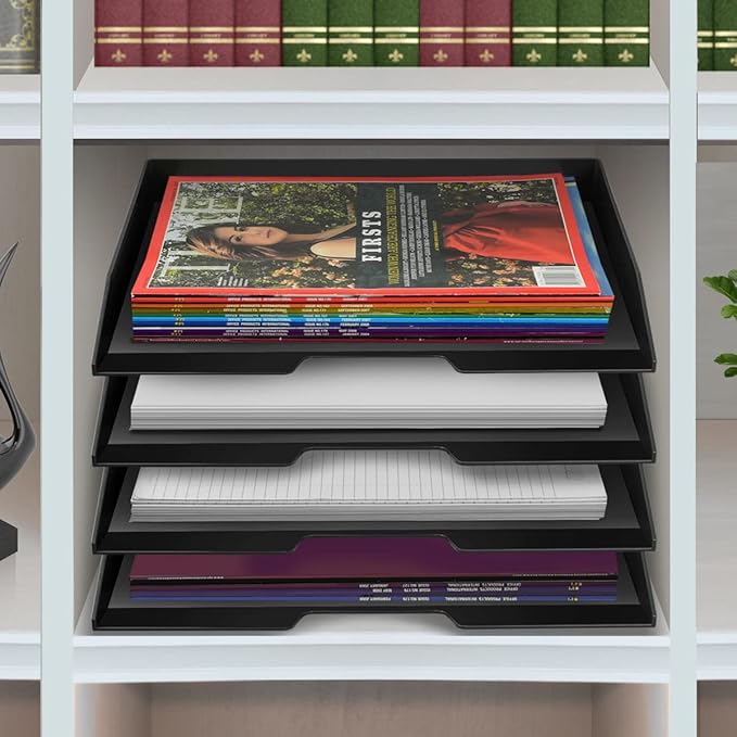 Acrimet Stackable Letter Tray 4 Tier Side Load, Plastic, Desktop File Organizer (Black Color)
