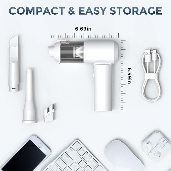 TURNRISE Car Vacuum Cordless: 12000Pa 2 in 1 Handheld Vacuum & Blower - Hand Vacuum Portable Cordless with Led Light, Multi-Nozzles for Car, Home, Office, Pet, Hair White