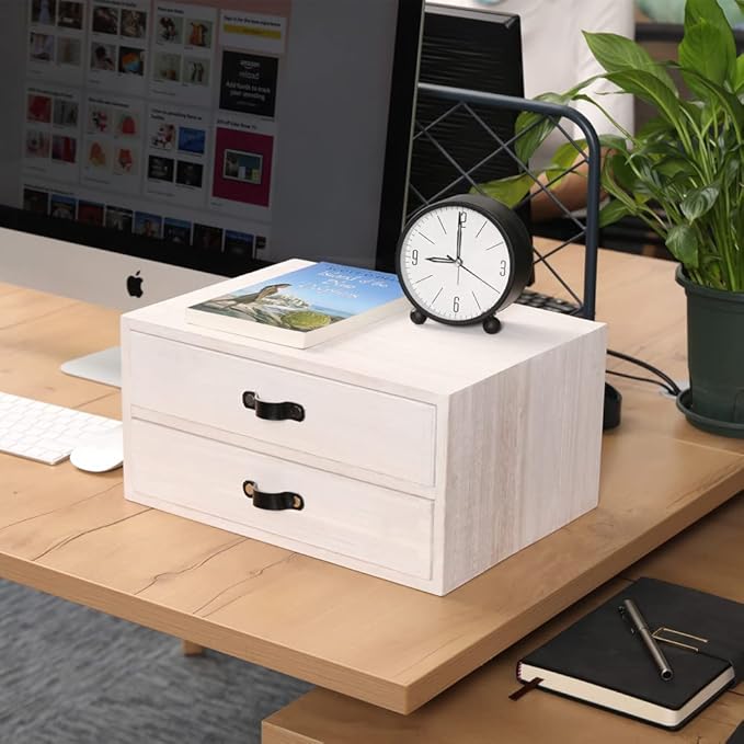 Desk Organizer Drawers for Office Supplies Kitchen Storage - Wood Makeup Organizer Box/Countertop Drawers Chest for Dresser Wooden Cabinet Printer Stand Machine Shelf White (FAX2C-WH）