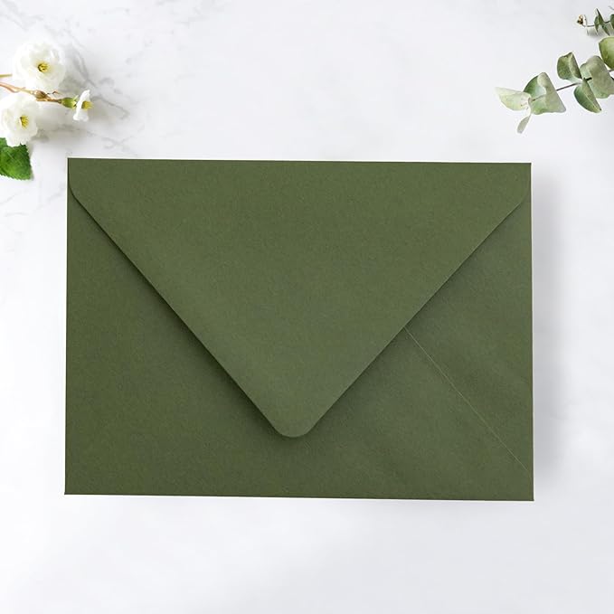 PONATIA 50PCS A7 Euro Flap Envelope, 5.25 x 7.25'' Olive Green Flowers Liner Envelopes for Wedding Invitations, Photos, Postcards, Greeting Cards, Christmas Gift, Acrylic Mailing, 5 x 7 Envelopes