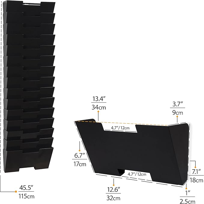Wallniture Lisbon 15-Tier Wall Mounted File Holder and Desk Organizer, Metal Black Office Organization and Storage Rack