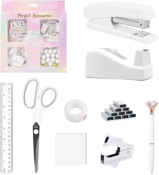 Office Supplies,Desk Accessories,Tape Holder,Stapler,Scissor,Staple Remover,Box of Binder Clips,Staples,Ballpoint Pen,Sticky Notes,Clear Tape,Ruler,Office Supplies Set White