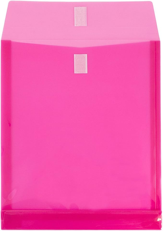 JAM PAPER Plastic Expansion Envelopes with Hook & Loop Closure - Letter Open End - 9 3/4 x 11 3/4 with 1 Inch Expansion - Fuchsia Pink - 12/Pack