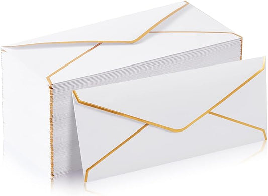 Ireer 100 Pcs #10 White Business Envelopes Letter Size with Gold Border 9.45 x 4.13 Inch Self Seal Decorative Gift Envelopes for Cards Letters Invitation Office Wedding Birthday Supplies