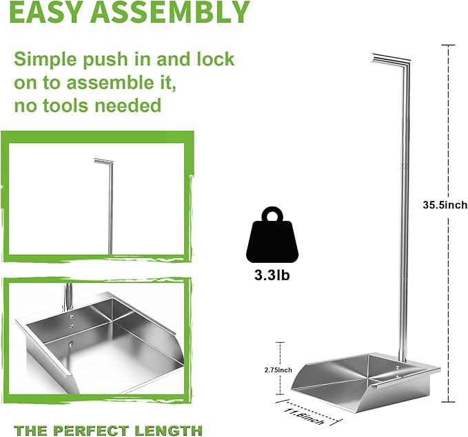 Extra Large Stainless Steel Long Handle dust pan,Heavy Duty Upright Metal Outdoor Dustpan eliminates The Need to Bend Over.dust Pans with Long Handle for Farm Office Garage Outdoor Yard。