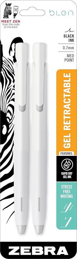 Zebra Pen bLen Gel Pens 0.7mm Medium Point Black Ink With White Barrel 2-Pack, Smooth Fast-Drying Ink, Vibration-Free Writing Experience, Rubber Grip, Low-Profile Clip (41402)