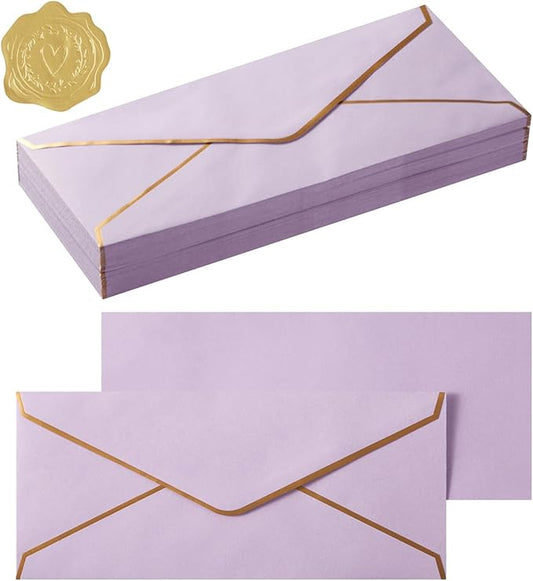 100 Pack #10 Business Envelopes with Gold Border, Self Seal Standard Envelopes with Gold Stickers for Office, Checks, Letter Mailing, Invoices, 4 1/8 x 9 1/2 Inches (Light Purple)