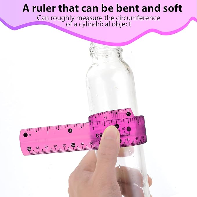 Grevosea 2 PCS Flexible Ruler Bendable Unbreakable Safe Soft Transparent Clear Shatterproof Clear Rulers Straight Flat Plastic Ruler for Home School Classroom Office Kids Adults (Purple, Blue)