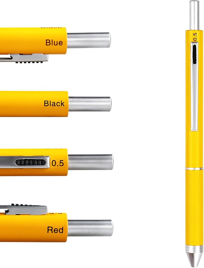 DUNBONG 4 in 1 Multicolor pen, Metal Cased Multifunction Pen, 0.5mm Mechanical Pencil, Red, Blue and Black Ball Pen, 1-Count (Yellow)