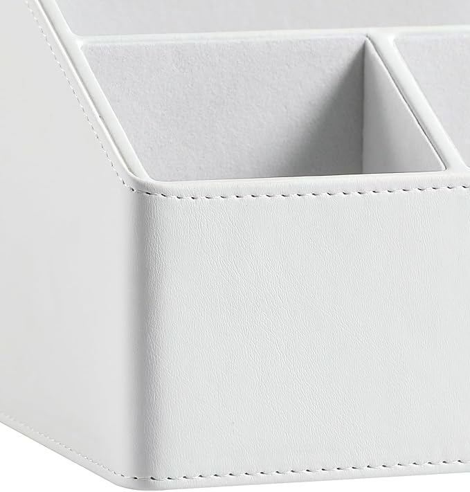 PU Leather Desk Organizer, Luxury Remote Control Holder for Home, Office Desk Accessories Table Caddy Bedside Nightstand Organizer (White)