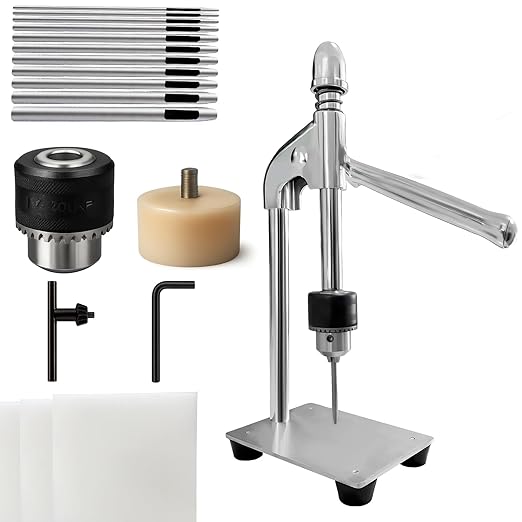 Leather Hole Puncher Leather Press Machine Hand Punching Machine Manual Press Puncher Punch Tools for DIY Craft，with Chuck,3 pcs PP Plate