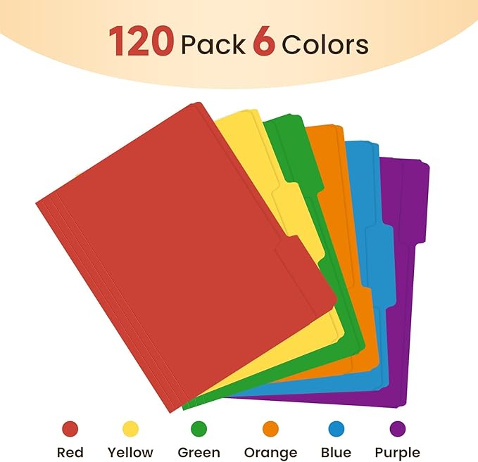 Colored File Folders Letter Size, 120 Pack 6 Colors Bright Folders 1/3 Cut Tabs, Assorted Pastel Color Office School Buiness Folders for Filing Organization, Paper File Folder Bulk Set