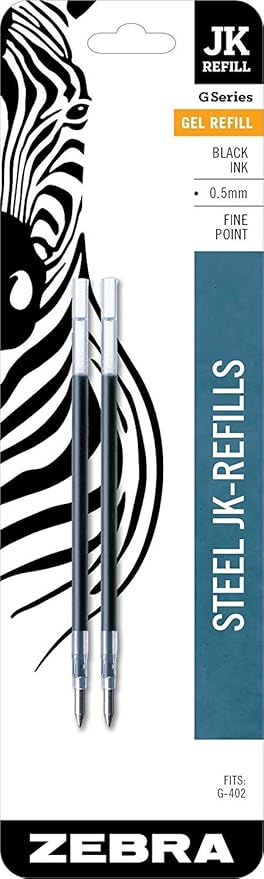 Zebra Pen G-402 Stainless Steel Retractable Gel Pen & Refills, Fine Point, 0.5mm, Black Ink, 2 Pens and 6 Refills