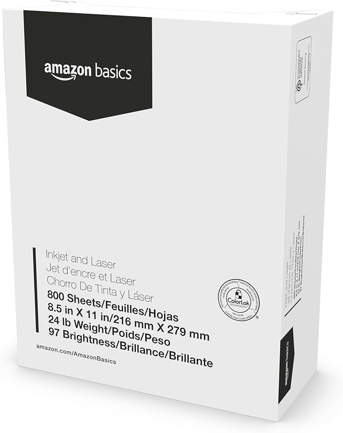 Amazon Basics Multipurpose Copy Printer Paper, 8.5 x 11 Inches , 24 lb, 1 Mega Ream, (800 Sheets), 97 Bright, White