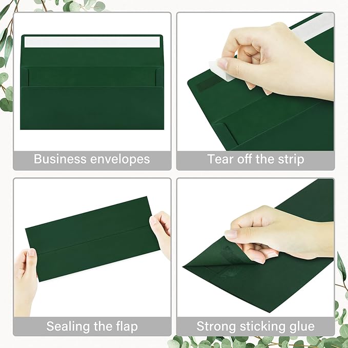 50 Pack #10 Business Envelopes, Self Seal Standard Christmas Dark Green Envelopes for Secure Business & Legal Mailing, Office, Checks, Letter, Invoices, 4 1/8 x 9 1/2 Inches