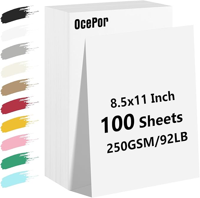 OcePor 100 Sheets White Cardstock Paper, Colored Printer Paper 8.5 x 11, Card Stock Thick Construction for Craft,Scrapbook，Office Printing, Invitations, Certificates，92 lb/250gsm