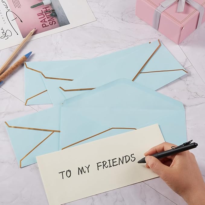 30 Pack Thick #10 Business Envelopes with Gold Border, 4 1/8 x 9 1/2 Thick Paper Standard Envelopes with Stickers for Office, Checks, Letter Mailing, Invoices (Light Blue)