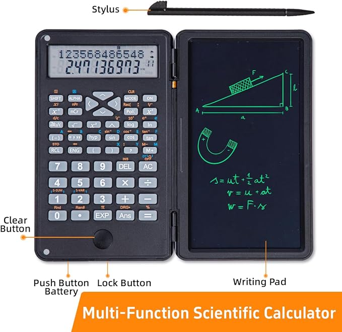 Scientific Calculator with Writing Pad, 240 Computing Functions, Foldable Case, HD Screen, Anti-Deletion Lock & One-Click Clear, Perfect for School, Finance & Engineering (Black)