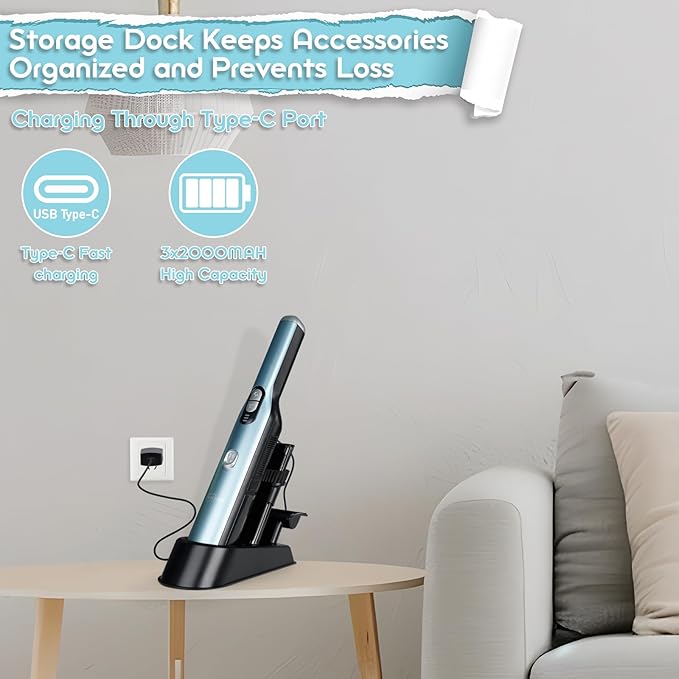 VACFAM Handheld Cordless Vacuum Cleaner, Portable Car Vacuum with 18KPa Suction Power, Quick-Charge Hand Vac with LED Headlight & Storage Dock for Home Office Desk Keyboards Pet Hair, Blue