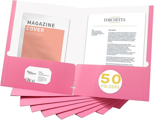 Zzrywuty File Folders with Pockets Letter Size, 50-Pack Paper Folders with Card Slot, Two Pocket Folders for School Students, Businessmen, Home and Office Workers（Pink）