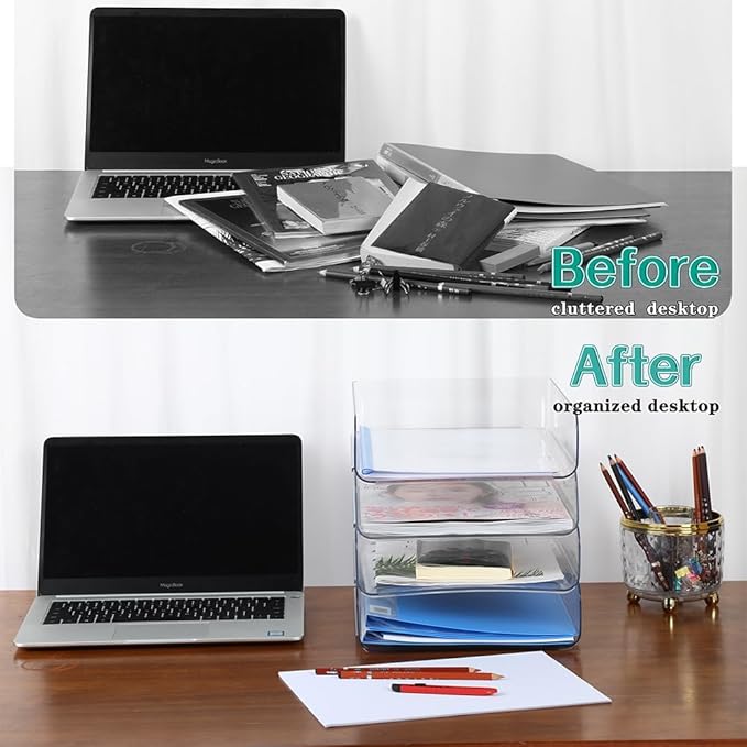 (4pcs Pack) HKeeper Stackable Paper Trays,Letter Tray Organizer,Office Desktop Organizer,A4 Paper Holder,Supplies Magazine,File Documents,Receipts(Clear,Regular)