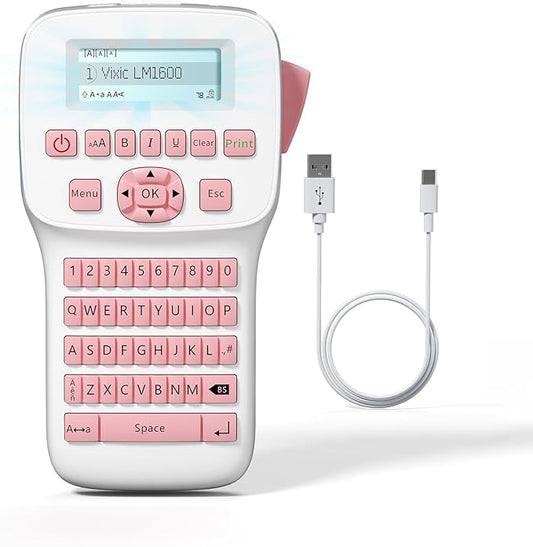 Vixic Pink Label Maker, Rechargeable Label Makers with Keyboard, Handheld Label Maker Machine with Bluetooth Backlit Large Display LM1600, Portable Labeler for Home & Office Organization School Kids