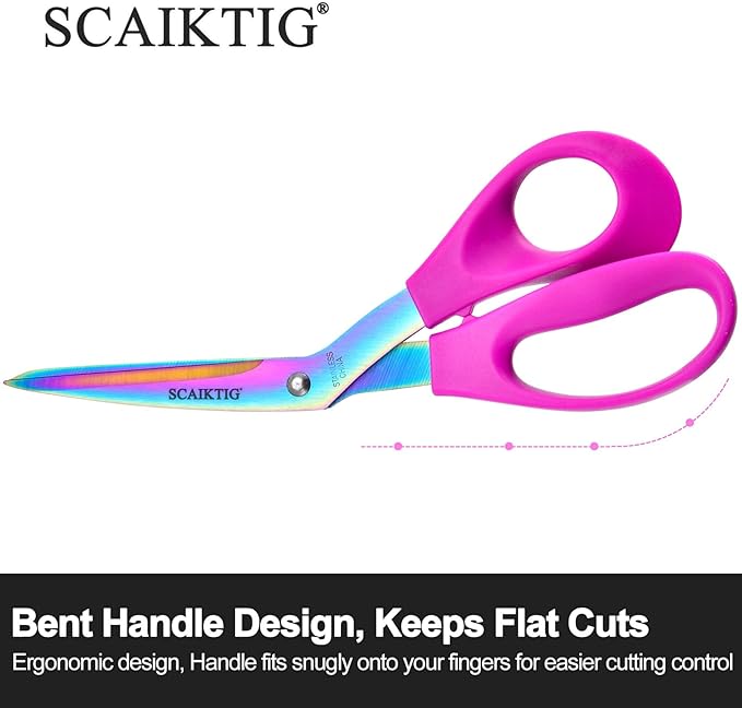 8.5‘’ Bent Fabric Scissors All Purpose Sharp Heavy Duty, Bent Shears for Sewing Crafting Cutting Clothes, Felt, Leather, Paper Supplies, Purple Handle and Rainbow Titanium Coating Blades