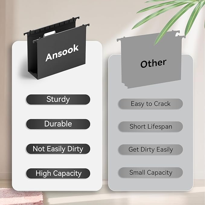 ANSOOK Plastic Hanging File Folders Letter Size, 3 Inch Reinforce Expanding File Folder,12 Pack Black Folders,File Cabinet Folders with Insertable Tabs,Accordion File Organizer for Office Home School