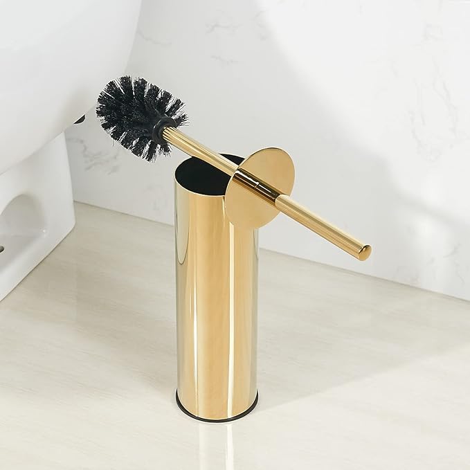 Kelirol Toilet Brush and Holder Set Gold Stainless Steel, 304 Heavy Duty Round Toilet Brush Set – Rust Resistant, Long Handle, Replacement Heads, Floor Standing Bathroom Toilet Cleaning Brush