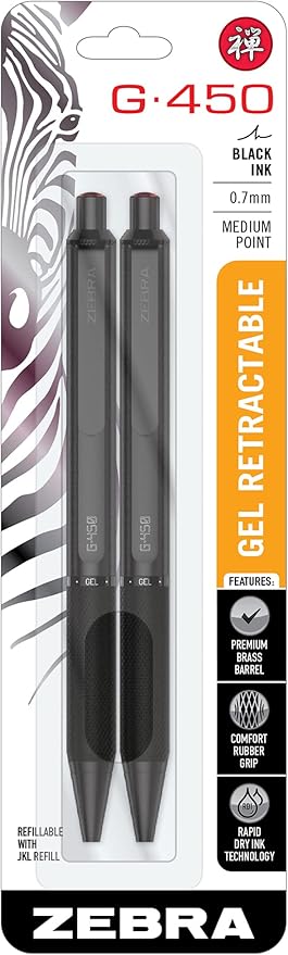 Zebra Pen G-450 Retractable Gel Pen, Black Brass Barrel, Medium Point, Black Ink, 2-Pack (49512)