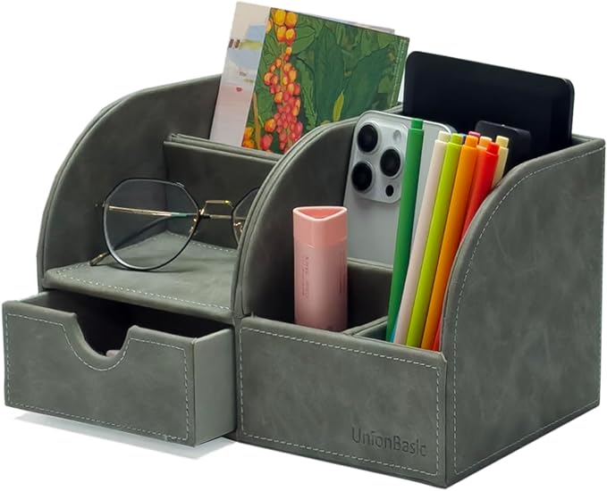 UnionBasic Desk Organizer, Multi-functional Leather Desktop Office Organizer, Pen Holder - Business Card/Pen/Pencil/Mobile Phone/Stationery Holder Storage Box, Taiga Dark Grey