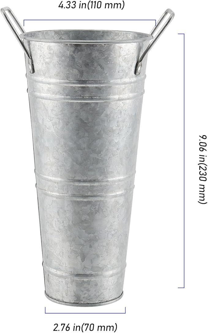 4 Pack 9 Inch Tall Galvanized Flower Bucket, Silver Farmhouse French Flower Bucket with Handle, Small Rustic Buckets Vintage Metal Vases for Flower, Centerpieces, Floral Wedding Arrangements