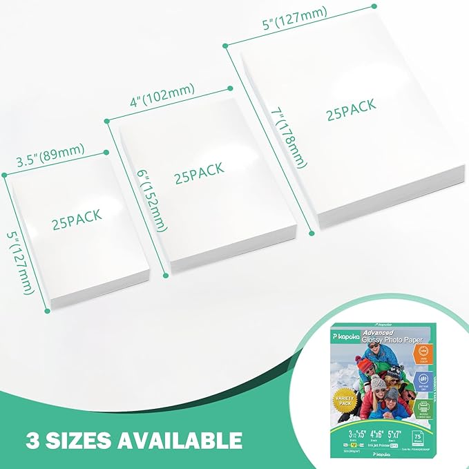 Glossy Photo Paper 3.5x5, 4x6, 5x7, Photo Printer Paper for Inkjet, 75 Variety Pack, Assorted Sizes, 52lb/200gsm