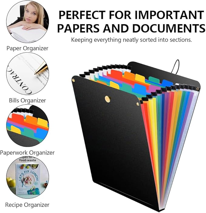 Vertical File Folder Expanding Accordion Folder with 13 Pockets Multi Pocket File Organizer Letter Size for Easy Backpack Access(2 Pack Inner Colorful)