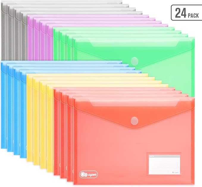 24 Pack Folders Plastic Envelopes, Colorful Plastic File Folders for Document, Letter A4 Size Poly File Envelopes with Label Pocket, Hook & Loop Closure for School Home Work Office Organizer, 6 Colors