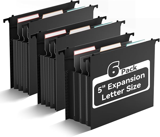 ANSOOK Plastic Hanging File Folder Letter Size,5" Expanding File Folder,6 Packs Extra Capacity File Folder with Tabs,Accordion Pockets Organizers,Black File Cabinet Folders for Documents Home Office