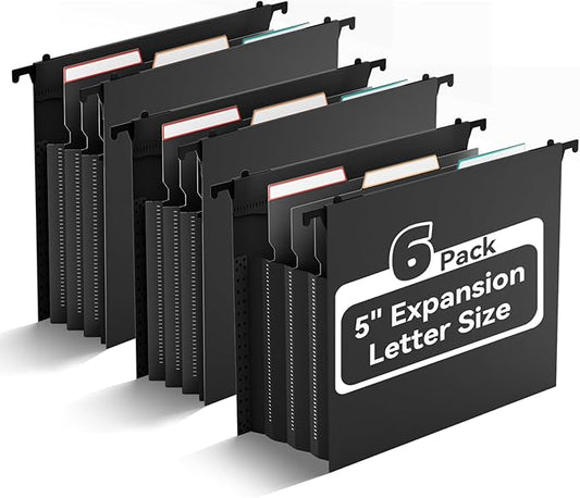 ANSOOK Plastic Hanging File Folder Letter Size,5" Expanding File Folder,6 Packs Extra Capacity File Folder with Tabs,Accordion Pockets Organizers,Black File Cabinet Folders for Documents Home Office