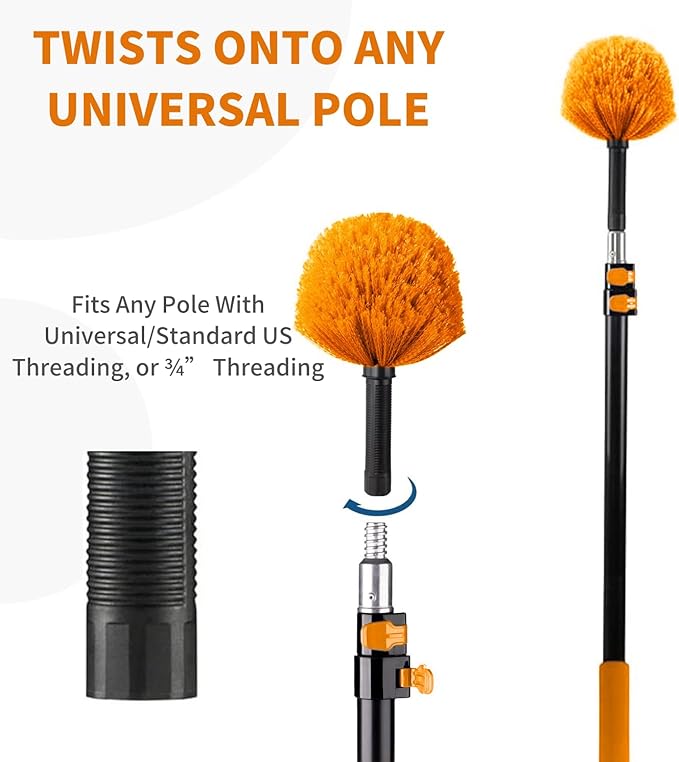 4 Pack Screw on Webster Cobweb Duster Head for Pole,Spider Web Remover Brush, Cobweb Duster Head Attachment,Fits Standard 3/4 inch Threaded Poles(4, Orange)