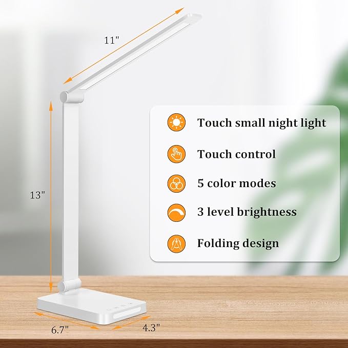 Dott Arts LED Desk Lamp with USB Ports, Touch Control, 5 Color Modes, 3 Brightness Levels, Foldable Design, White