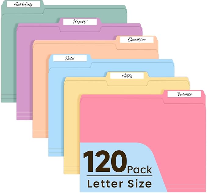 Colored File Folders Letter Size, 120 Pack 6 Colors Manilla Folders 1/3 Cut Tabs, Assorted Pastel Color Office School Buiness Folders for Filing Organization, Paper File Folder Bulk Set