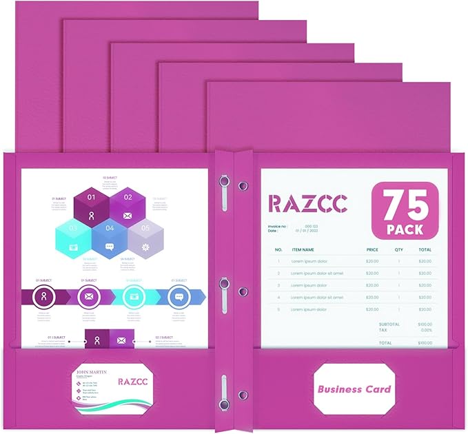 Two Pocket Folders, RAZCC 75 Pack Two Pocket Folders with Prongs, 3 Prong Folders Fit Letter Size Paper, Pocket File Folders for School Office Home Business, Rose Purple