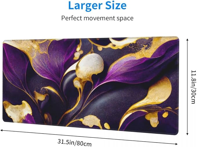 Desk Pad,Office Desk Mat 31.5"×11.8" Large Gaming Mouse Pad,Extended Computer Mouse Pad,Waterproof Thick Big Mouse Pads with Non-Slip Rubber Base Office Home Purple Gold Marble Flower