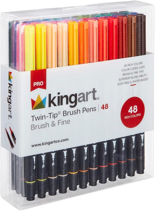 KINGART PRO Dual Twin-Tip Brush Pens, Set of 48 Unique & Vivid Colors, Watercolor Markers with Flexible Nylon Brush Tips, Professional Watercolor Pens for Painting, Drawing (445-48)