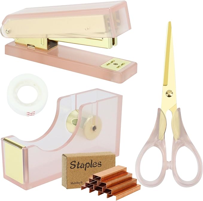 Buqoo 1-Inch Core Clear Acrylic Pink Gold Tape Dispenser Heavy Duty, Stapler with 950Pcs 24/6 26/6 Rose Gold Staples, Scissors for Stationery Desk Set School Home N Office Supplies