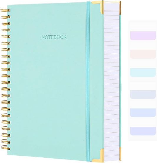 Spiral Notebook, Hardcover Leather Journal for Women Men, 300 Page Thick Notebooks College Ruled for Work, School, Note Taking, Writing Journals, Large A5 Notebook with Tabs Sticky, 5.7" x 8.5", Teal