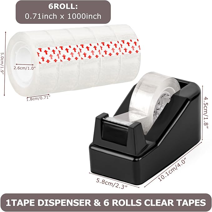 Desktop Tape Dispenser Black with Weighted Nonskid Base - Includes 6 Rolls of Transparent Tape (0.71 Inch x 1000 inches Each)
