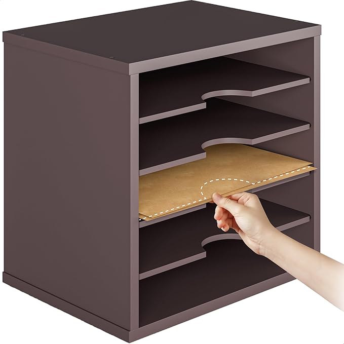 Ballucci File Organizer Paper Sorter, 5 Tier Stackable Office Desk Organizer, Classroom Letter Tray, 13 5/8" x 9 1/4" x 12", Dark Brown