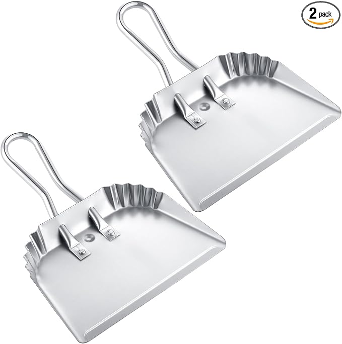 Mumufy 2 Pcs 12 Inch Heavy Duty Metal Dustpan, Stainless Steel Large Wide Dust Pans for Household, Handheld Scooper, Debris Cleaning Tool for Home Garage Studio Courtyard Indoor Outdoor(Silver)