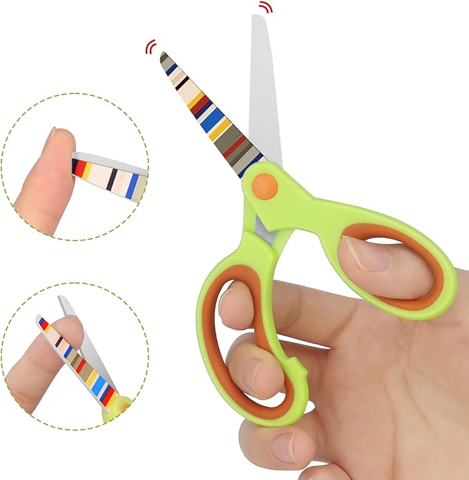 Patterned kids Scissors, Blunt Safety Children's Handmade Scissors, Stainless Steel Blades, Soft Grips, Pink, Blue, Fruit Green 3 Piece Set