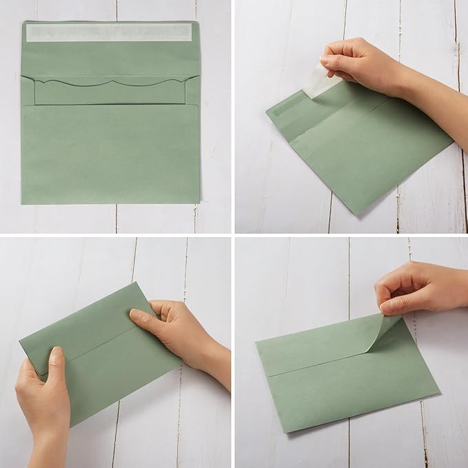 100 Pack A7 Envelopes with Colorful Blank 5 x 7 Cards Self-Adhesive Business Envelopes Invitations Cards Envelopes (Sage-Green, A7)
